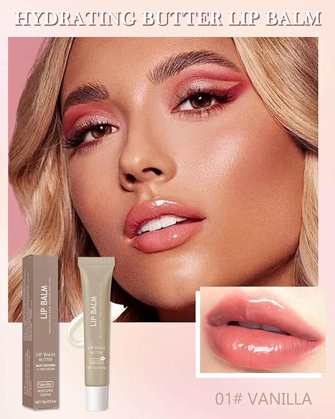 Lip Balm Butter Vanilla,Hydrating Tinted Butter Lip Gloss,Clear Lip Mask Lip Care Moisturizer,Lip Treatment Balm,Non-Sticky Glow Reviver Fat Lip Oil Lipgloss,Thanksgiving Makeup Gift for Women-01