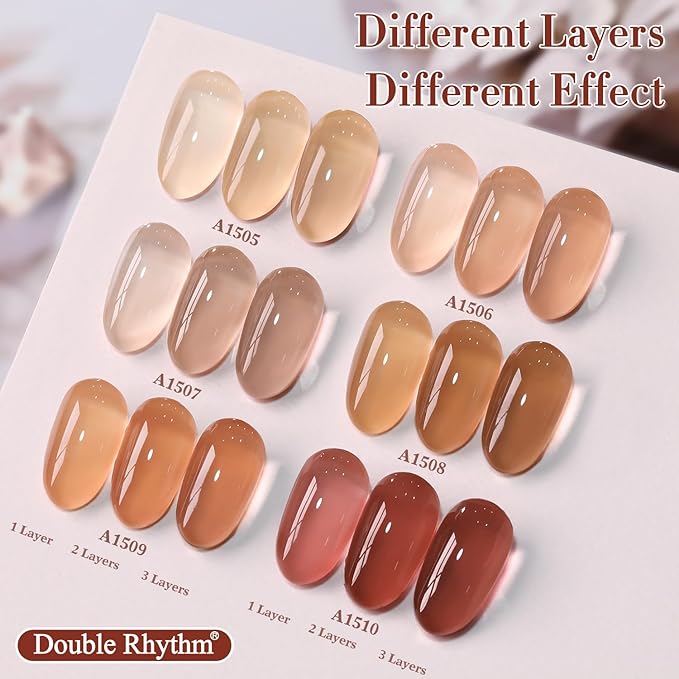 Double Rhythm 6 Pcs 15 ML Gel Polish Set Same Color Same Bottle Soak Off Gel Polish Kit Nail Art Manicure Salon DIY at Home for Women (Translucent Milky Brown Nude Orange Rose Red-T6-1)