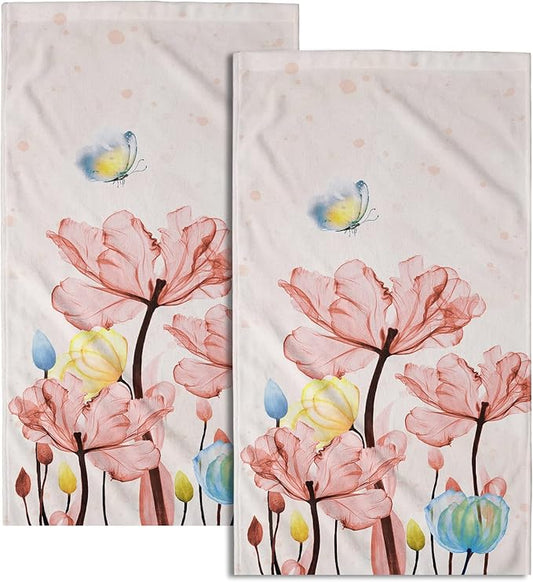 Giwawa Pink Floral Hand Towels Set of 2 Modern Flower Soft Absorbent Small Decorative Fingertip Face Towel for Bathroom Kitchen Hotel Spa Gift