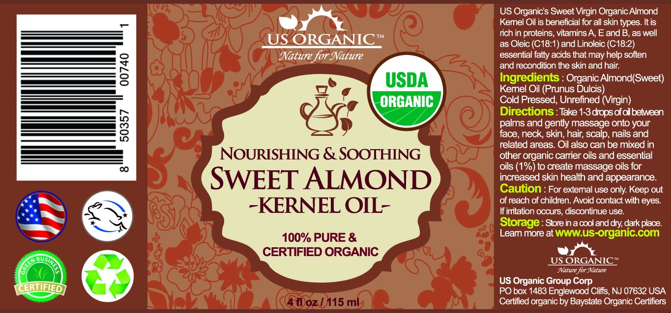 US Organic Sweet Almond Kernel Oil, USDA Certified Organic,100% Pure & Natural, Cold Pressed Virgin, Unrefined in Amber Glass Bottle w/Eyedropper, Sourced from Poland (4 oz (115 ml))