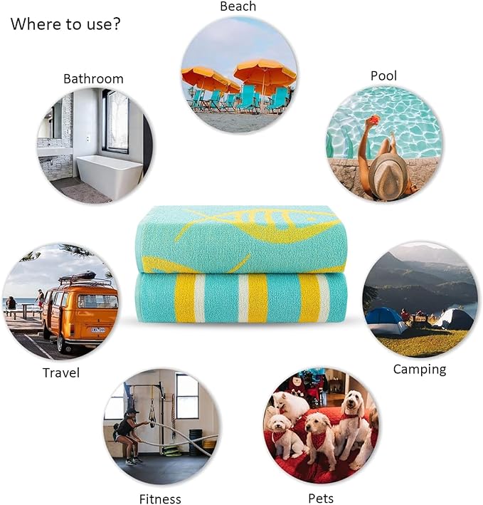 CASA COPENHAGEN Miami Bath Sheets Designed in Denmark Rough and Tough, Quick Dry, for Pool, Bath & Shower 35"x70", 2 Pieces Cotton Beach Towels Set - Fish Teal + Yellow Stripe
