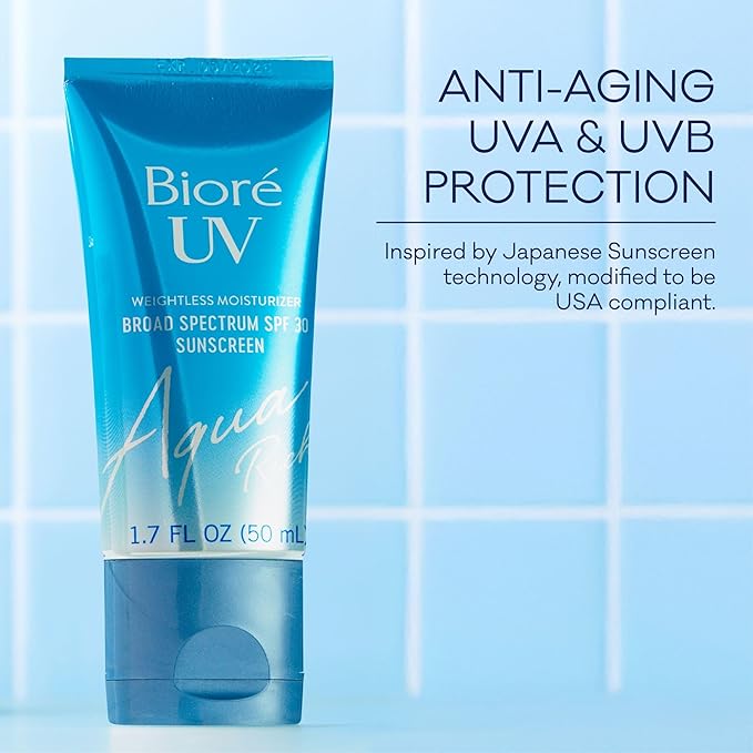 Biore UV Aqua Rich SPF 30 PA+++ Daily Moisturizer Sunscreen for Face, For Sensitive Skin, Oil Free, Hyaluronic Acid, Vegan, Oxybenzone & Octinoxate Free, Dermatologist Tested, 1.7 Oz