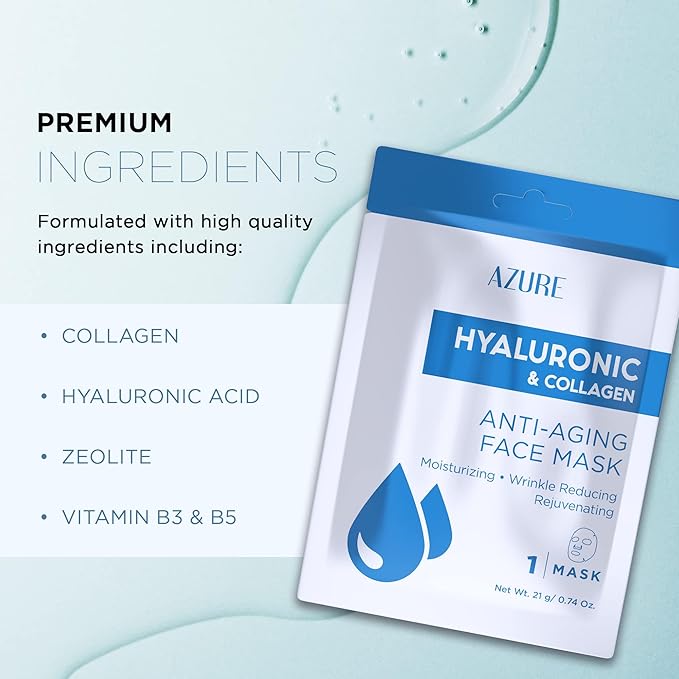 AZURE Hyaluronic Acid & Collagen Anti Aging Sheet Facial Mask - Rejuvenating & Moisturizing Face Mask - Helps Reduce Fine Lines & Wrinkles, Tightens & Smooths - Skin Care Made in Korea - 10 Pack