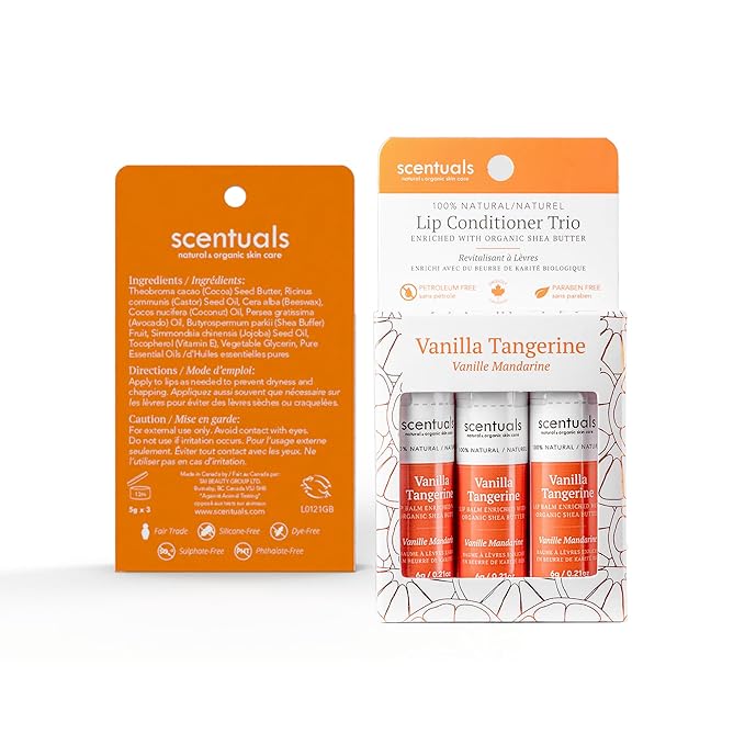Lip Balm Vanilla Tangerine Set of 3, Made with Shea Butter, Cocoa Butter, Avocado & Jojoba oil, Beeswax, Vitamin E and Essential oil, Moisturizing Lip Care, Cruelty Free Hydration, Natural (3 Pack)
