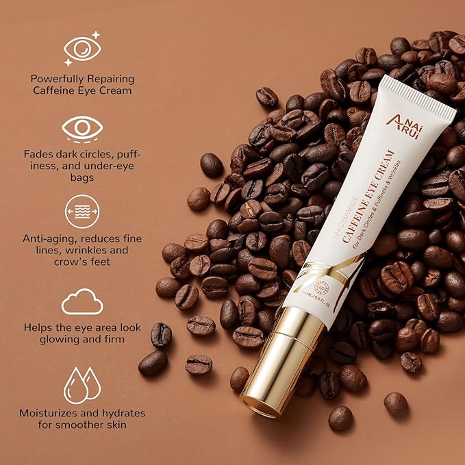 ANAI RUI Caffeine Eye Cream, Niacinamide Eye Cream for Dark Circles and Puffiness, Anti Aging & Friming Eye Cream with Eye Roller, Caffeine Under Eye Cream for Puffy Eyes, Bag Treatment 0.5 FL.OZ