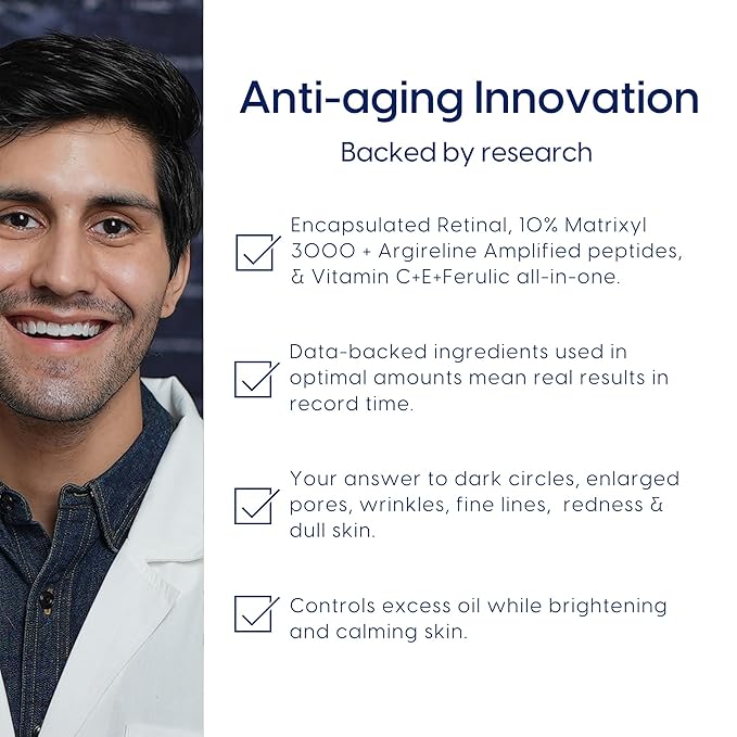 Strive - Anti-aging Retinal Serum - 0.1% Retinaldehyde, 10% Peptides & 2% Vitamin C E Ferulic Face Serum. Brightening, Firming, Wrinkle & Fine Line Reducing - Fragrance Free Anti aging Skincare - 30mL