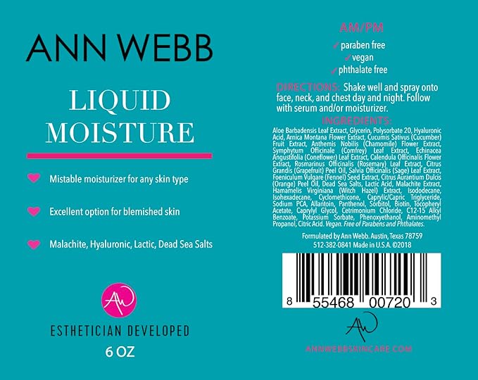 Liquid Moisture Mist - Face Mist Hydrating Spray Rejuvenates, Refreshes, Soothes & Invigorates Skin Non-Greasy Lightweight for extra hydration. Light, fresh, orange/mint scent (2 oz)