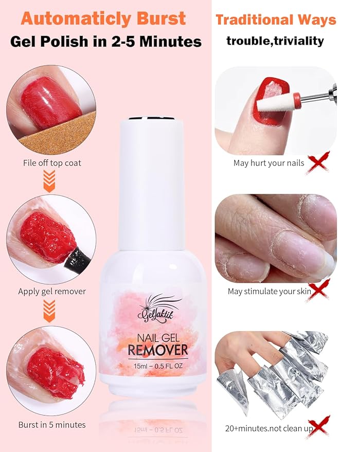 Gel Nail Polish Remover, 2 Pack × 15ml acetone-free Formula Remove Gel Polish for Nails, Quick & Easy Remove in 3-5 Minutes, NO Need Soaking or Foil Wrapping for Nails