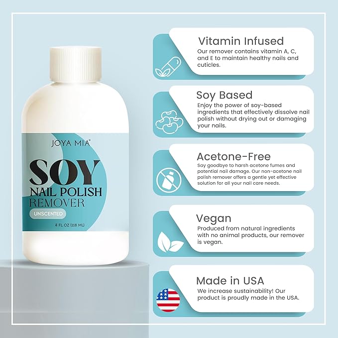 JOYA MIA Soy Nail Polish Remover - Acetone-Free w/Hydrating Ingredients, Nourishing Soy-Based Nail Care, Vegan, Gentle on Cuticles, Great for Quick & Clean Removal, Easy Application - Unscented, 4oz
