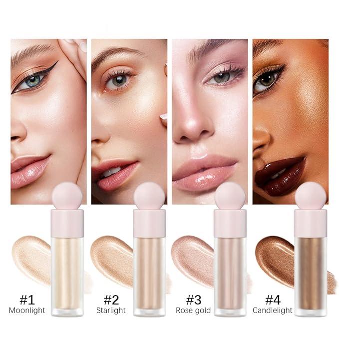 Liquid Highlighter Natural Glow For Face & Body, Waterproof Moisturizing Light Liquid Luminizer For Long Lasting Shimmer, Contour Highlighter Stick Easy to Apply with Cushion Applicator (#4 Candlelight)