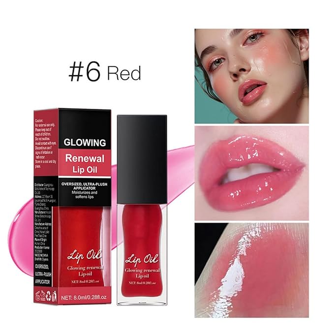 MAEPEOR Glowing Lip Oil 7 Colors Hydrating Lip Balm Nourishing Lip Care Lip Treatment Glossy Finish Non-sticky Moisturizing Lip Balm (06 Red)