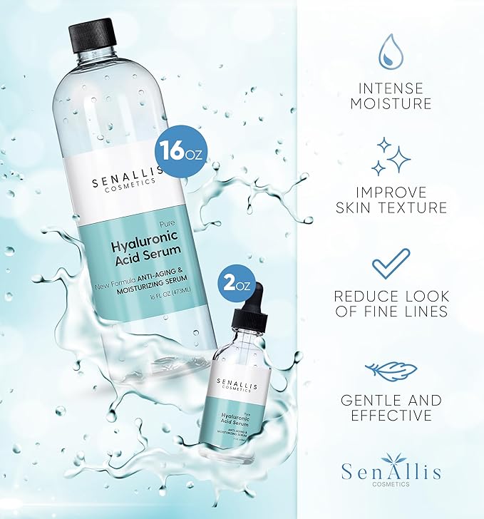 Hyaluronic Acid Serum 16 fl oz And 2 fl oz, Made From Pure Anti Aging/Wrinkle, Ultra Hydrating Moisturizer That Reduces Dry Skin Manufactured In USA