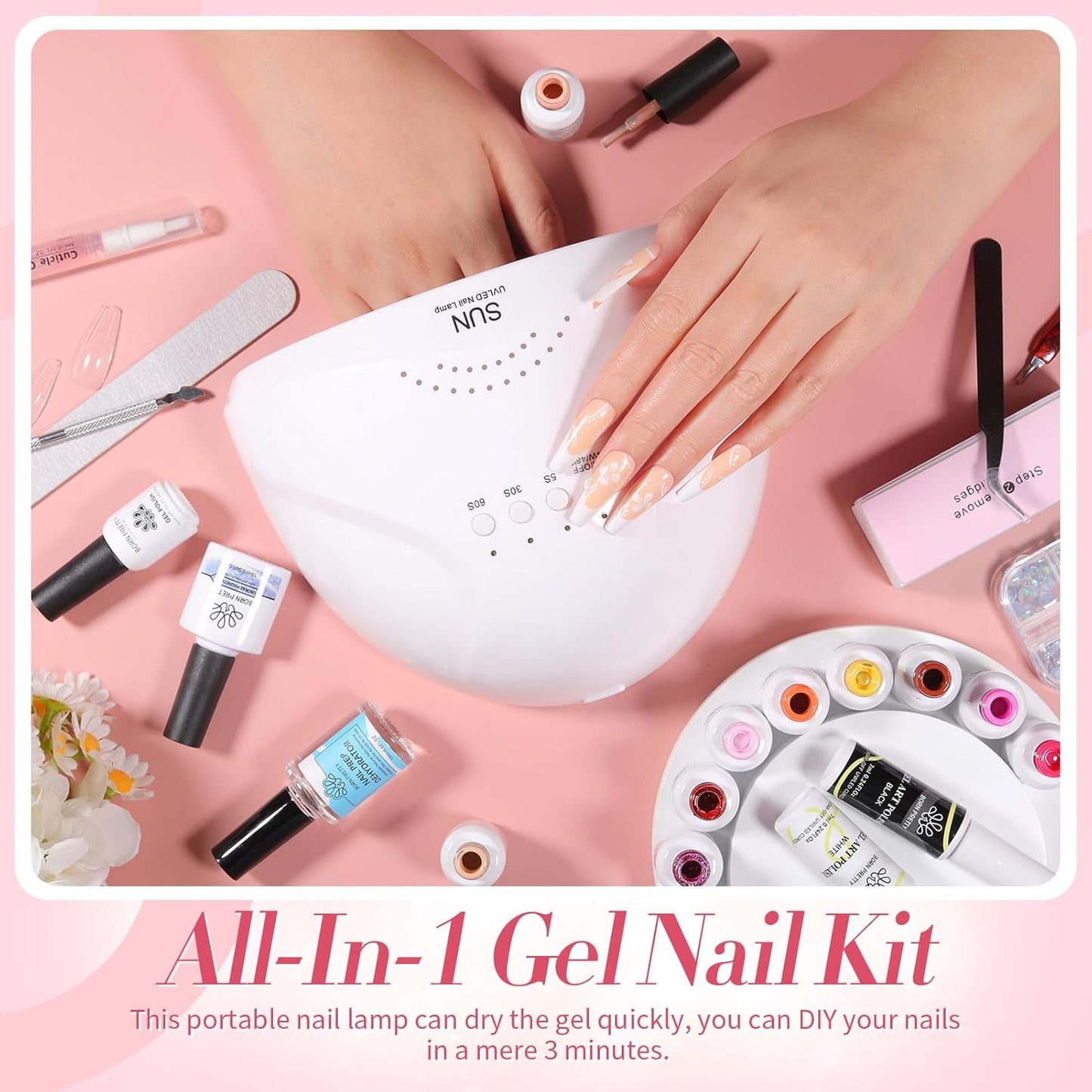 BORN PRETTY 77PCS Gel Nail Polish Starter Kit With U V/LED kit for Beginners 48W 32Colors Nude Pink Cat Magnetic Eyes Glitter Set Reflective Base Top Coat Liner Art Manicure Ideal Gifts