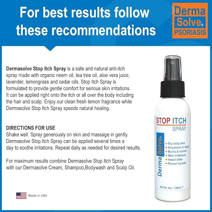 Dermasolve Stop Itch Spray with 100% Organic Neem Oil, Scalp and Body Psoriasis Relief, Dry Skin, Bites, Sunburn, Burns and Rashes
