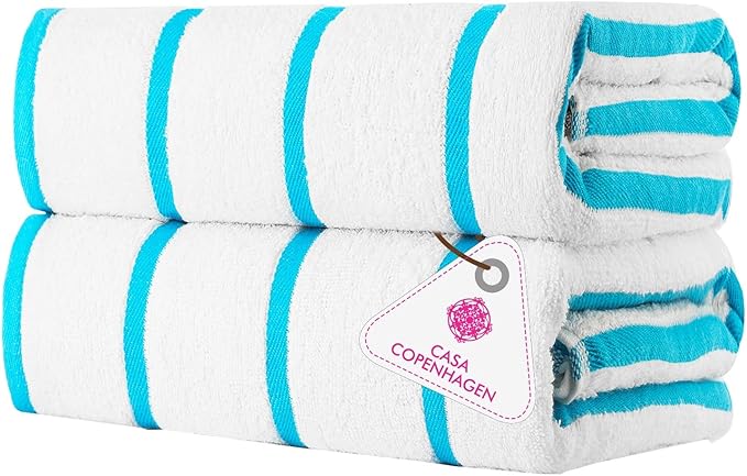 CASA COPENHAGEN Cabana Pool Bath Sheet, 70" x 35", Designed in Denmark Rough and Tough, Quick Dry, for Pool, Bath, Beach & Shower 2 Piece Cotton Pool Towels Set - White Teal Stripe