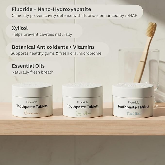 Fluoride Toothpaste Tablets with Nano Hydroxyapatite - Vegan, Enamel Strengthening, Zero Waste, Paper Refill, 248 Tablets, Cool Mint, 4 Month Supply, Travel-Friendly