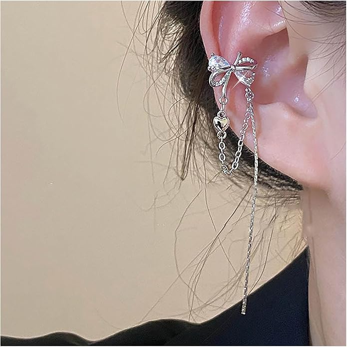 Vintage Crystal Bow Ear Cuff Earrings Rhinestone Bow Cuff Earrings Silver Long Chain Tassel Earrings Cz Chain Dangle Earrings Jewelry for Women
