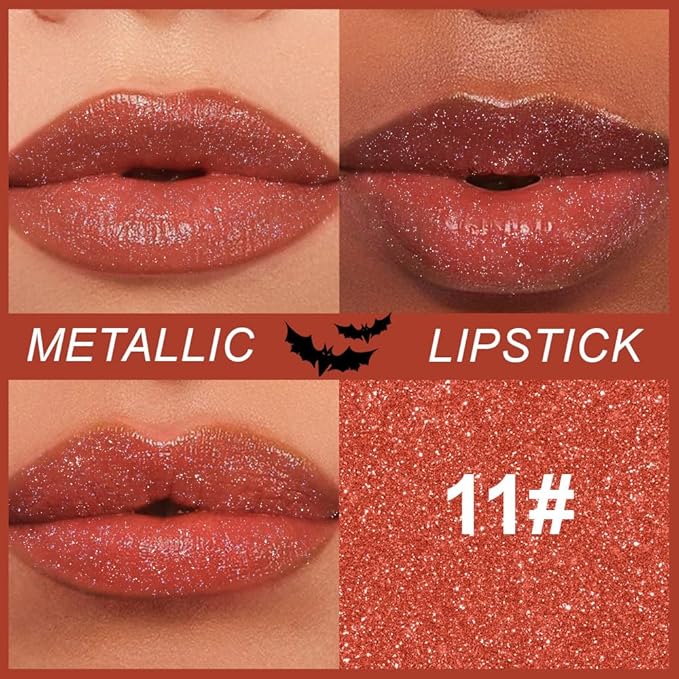 Kaely Glitter Metallic Lipstick, Shimmer Metallic Lipsticks for Women, High Pigmented Lip Color Long Lasting Waterproof Smudge Proof 24 Hour, Halloween Makeup, Vegan & Cruelty-Free, 11