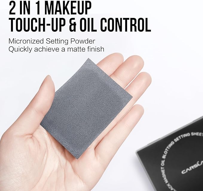 CARSLAN Makeup Blotting Paper with Powder, Black Magnet Blotting Sheets for Oily & Combination Skin, Portable Compact with Puff & Mirror, Keeps Makeup Fresh All Day, 150 Sheets + 8 Refill Pads