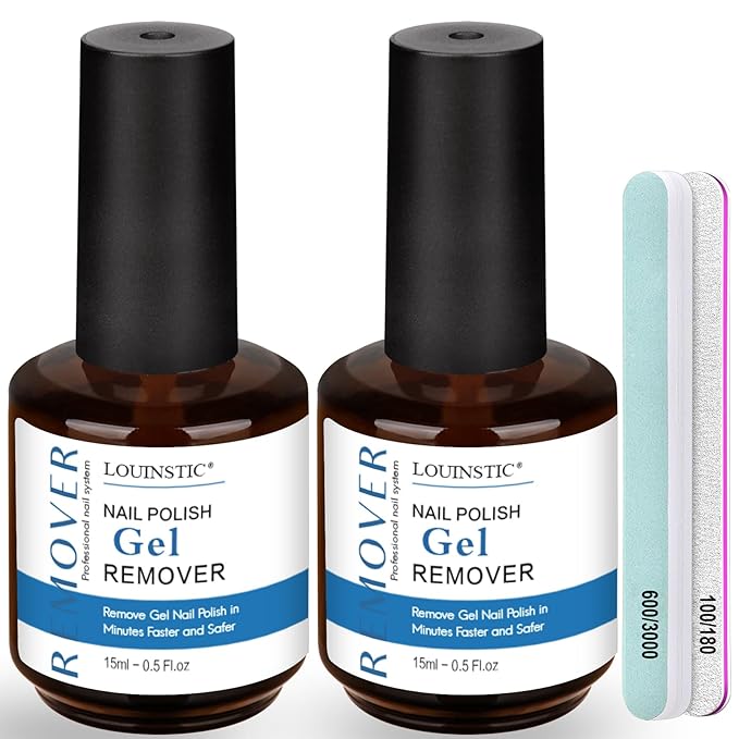 LOUINSTIC 2×15 ml Easy & Quick Gel Nail Remover Kit – Professional Gentle Acetone-Free Gel Polish Remover for Nails in 2–5 Minutes, No Soak or Foil, Includes Nail File – Home DIY Manicure & Travel