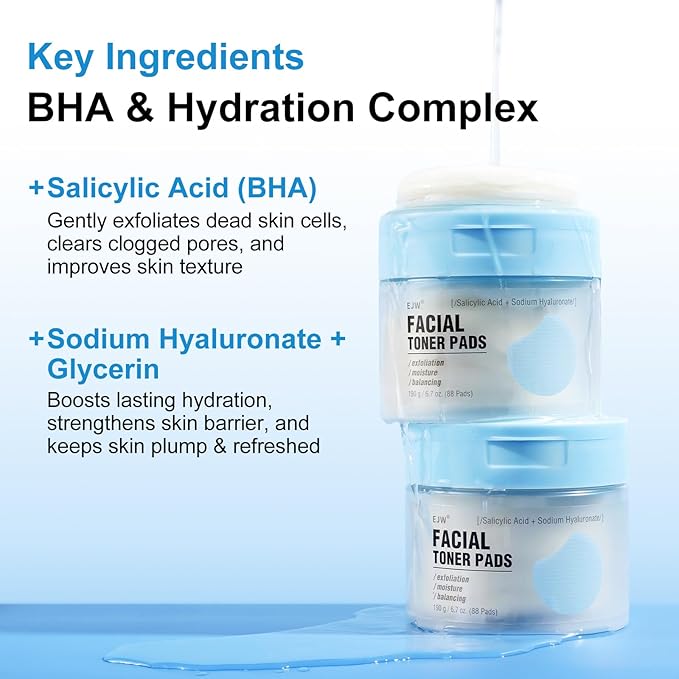 Exfoliating Toner Pads 88 Count - 1% Salicylic Acid (BHA) + Sodium Hyaluronate - Gentle Daily Pads for Acne & Blackheads, Pore Refining, for Sensitive & Oily Skin