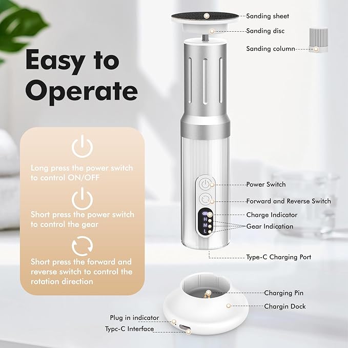 Electric Foot Callus Remover Cordless Electric Foot Filer Kit with 6Speeds Chagring Dock Callus Remover for Women Men Feet and Nail (White)