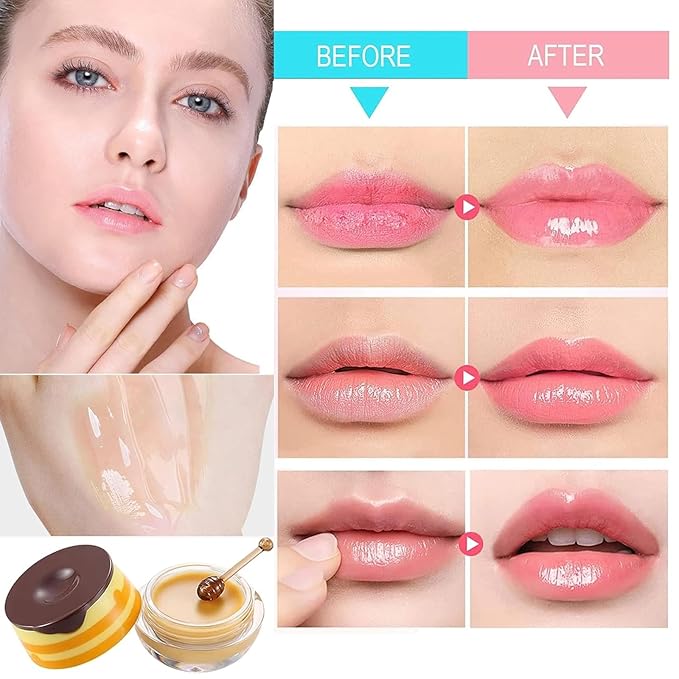 3 PCS Bee Lip Balm Honey Pot, Honey & Strawberry & Watermelon Lip Mask Overnight Moisturizing Lip Sleep Mask with Stick Hydrating & Prevention Dry and Cracked Lip Scrubs Exfoliator