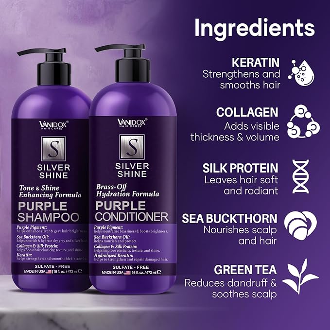 Sulfate Free Brass Toning Purple Shampoo and Conditioner Set for Grey and Silver Hair, Moisturizing & Color-Safe, Enhances Shine & Brightness, Made in USA (16 fl oz each)