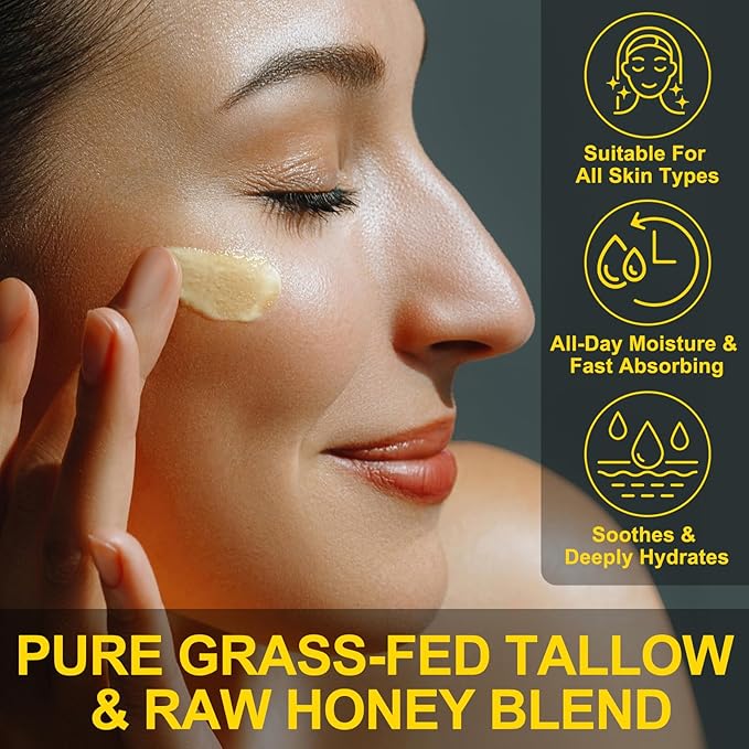 Beef Tallow for skin, Beef Tallow, Hydrating Tallow Balm with Raw Honey and Beeswax, Grass-Fed Beef Tallow & Raw Wild Honey Blend, Body & Face Moisturizer, Natural Formula