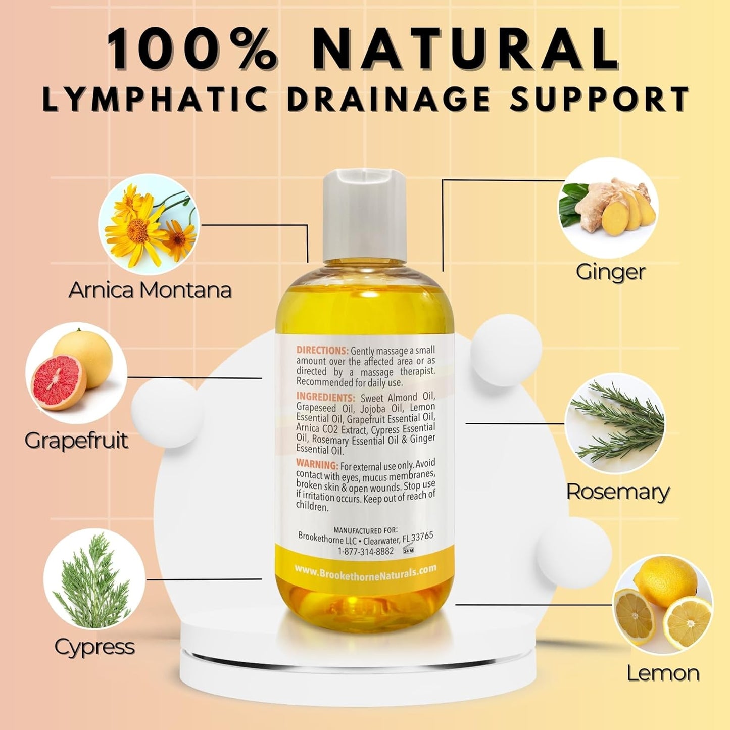 Lymphatic Massage Oil for Massage Therapy | 100% Natural Lymphatic Drainage Oil | Premium Quality with Arnica, Lemon & Ginger | for Post Surgery Recovery & Detox | 8oz by Brookethorne Naturals