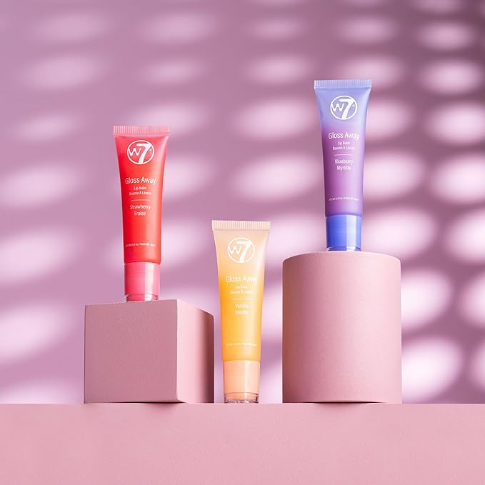 W7 Gloss Away Lip Balm Trio - 3 Piece Set - Nourishing Lips Balms With Shea Butter - Blueberry, Vanilla, Strawberry