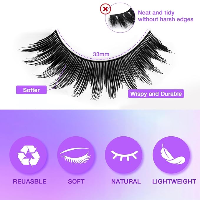 False Eyelashes Kit With Bond, Seal and Tweezer, 7 Pairs Fluffy Natural Look Fake Cat Eye Lashes Strips Thin Band Extensions Waterproof Easy Eyelashes for Beginners DF64