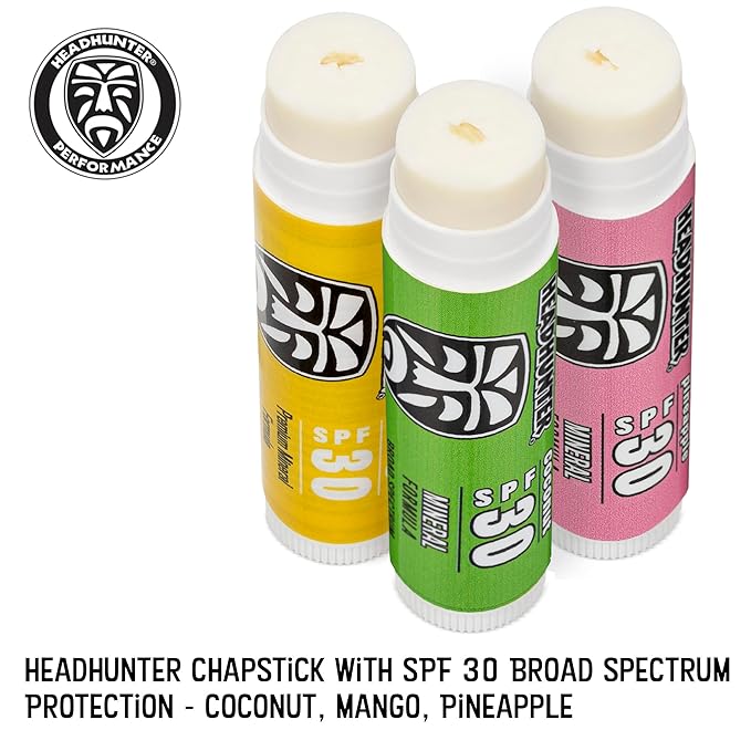 Headhunter Sport Chapstick Sunscreen SPF 30, Natural Mineral Waterproof Lip Balm For Sun Protection, Ultra Solar Defense - Reef Safe Sunblock Chap Stick, 3 Flavors - Coconut, Pineapple, Mango (12 Pack)