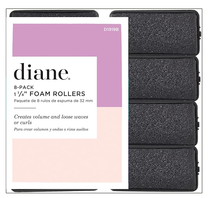 Diane Foam Hair Rollers, 1.25-Inch Diameter, Soft and Durable Foam with Snap-Lock Closure for Comfortable Styling and Long-Lasting Curls, Black, 8 Count
