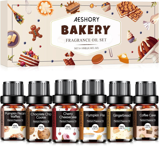 Bakery Essential Oils Set - Fragrance Oil for Diffusers for Home, Candle Making - Pumpkin Pie, Coffee Cake, Gingerbread, Cherry Cheesecake Aromatherapy Scented Oils (6x10ML)