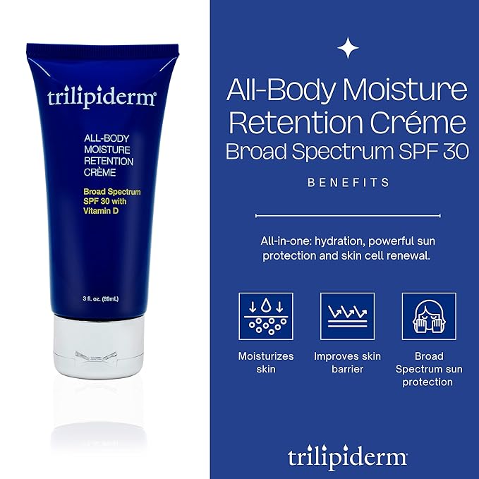 Trilipiderm All-Body Moisture Retention Crème Broad Spectrum SPF 30 with Vitamin D – 2-PACK of Travel-Size 3 Ounce Tubes – Plant-Based All-Day Hydration, Sunscreen for Body and Face