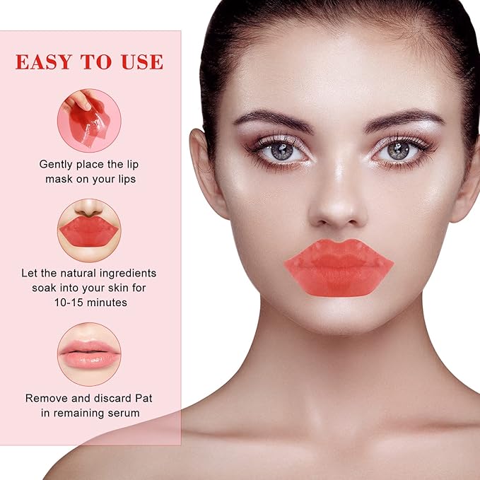 Lip Masks Sheet,Moisturizing Crystal Collagen Gel,Anti-Aging Lip Patches Reduces Lip Lines,Plump Dry Lips Overnight Lip Care,Fall/Winter Collagen Lip Sleep Mask 20 Packs with Box,Red