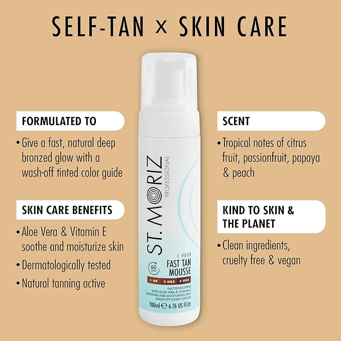 St Moriz Professional 1 Hour Fast Self Tanner Mousse, Light to Dark – Instant, Express Self Tanner Foam for a Golden, Natural Looking Fake Tan with Aloe Vera & Vitamin E - Vegan (6.76 fl oz)