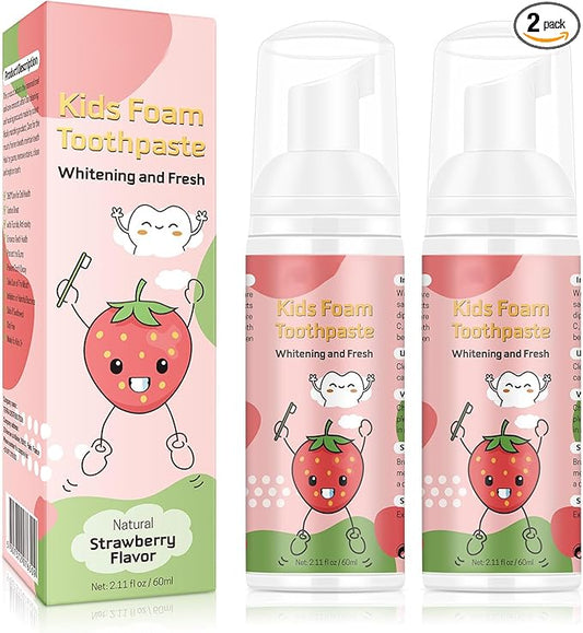 Foam Toothpaste Kids 2PCS, Toddler Toothpaste Cavity Protection, Clean and Whitening, 360ºCare, Portable, Kids Foam Toothpaste with Fluoride for Electric & U-Shape Toothbrushes（Strawberry）