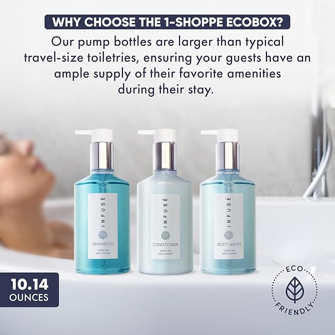1-Shoppe Infuse 40 Piece Ecobox All-In-Kit | White Tea and Coconut Soap | 12 Shampoo, 8 Conditioner, 12 Body Wash & 8 Lotion | 10oz Hotel Soaps and Toiletries Bulk | Personal Care Products