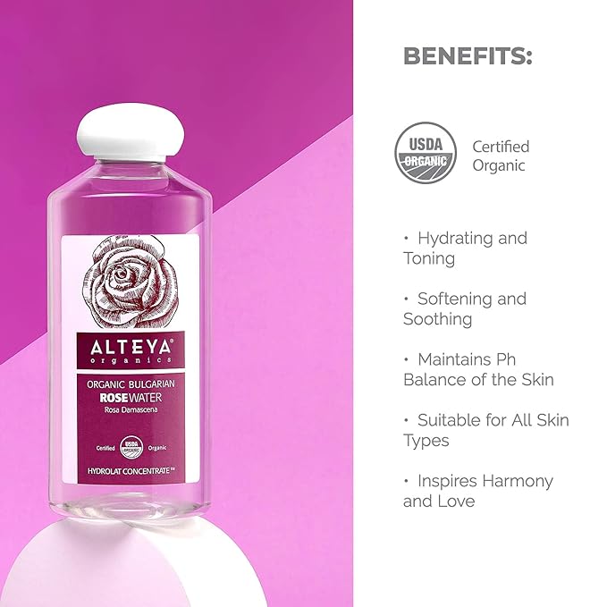 Alteya Organics Rose Water USDA Certified Organic Facial Toner, 17 Fl Oz/500mL Pure Bulgarian Rosa Damascena Flower Water, Award-Winning Moisturizer BPA-Free Bottle with Reducer