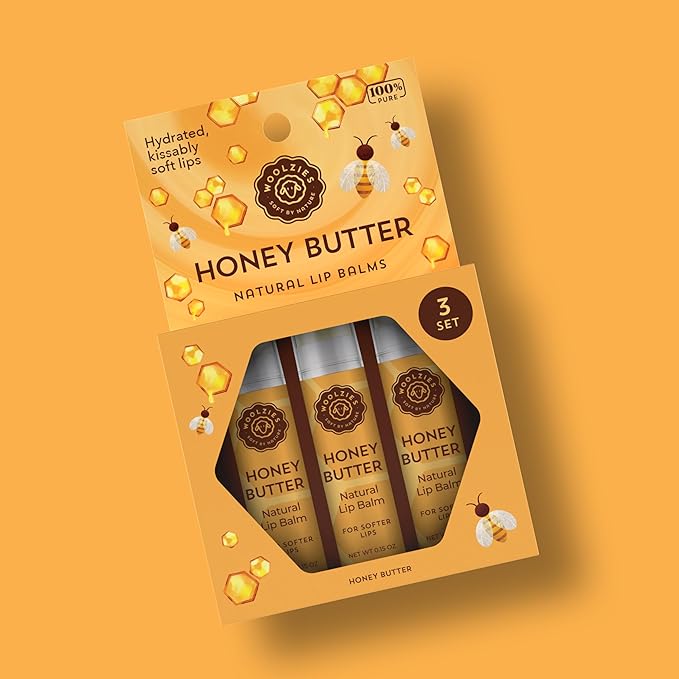 Lip Balm Set: All-Natural Shea Butter, Beeswax, Coconut Oil, Vitamin E Infused Lip Moisturizer Care (3 Pack, Honey Butter)