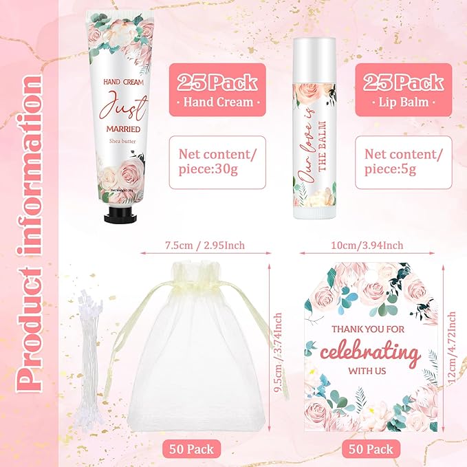 25 Set Wedding Lip Balms and Hand Cream Gift Set Include 25 Moisturizing Hand Care Cream 25 Lip Balms with Thank You Cards and Bags Bridesmaid Gift Set for Bridal Shower Wedding(Floral)