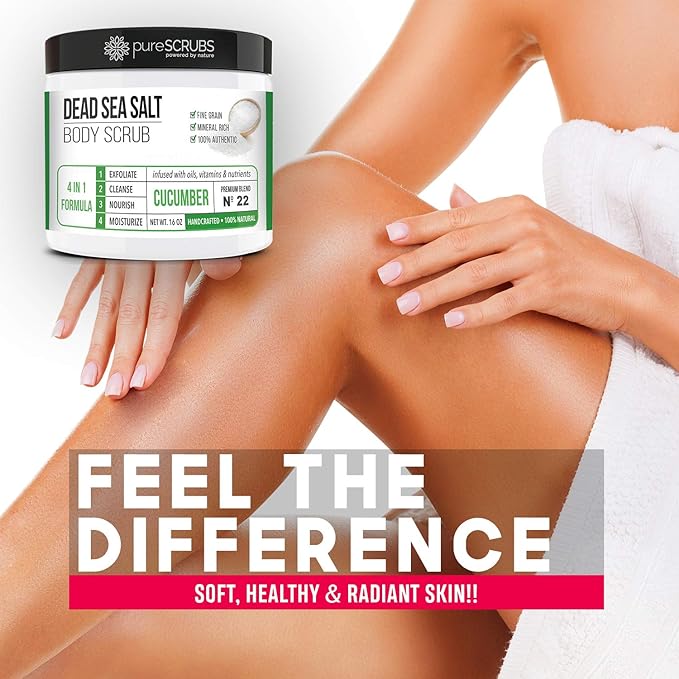 pureSCRUBS Premium Cucumber Body Scrub Set - Large 16oz Dead Sea Salt Body Scrub for Women Exfoliation KP Bump Eraser Body Scrub Includes Wooden Spoon, Loofah & Soap