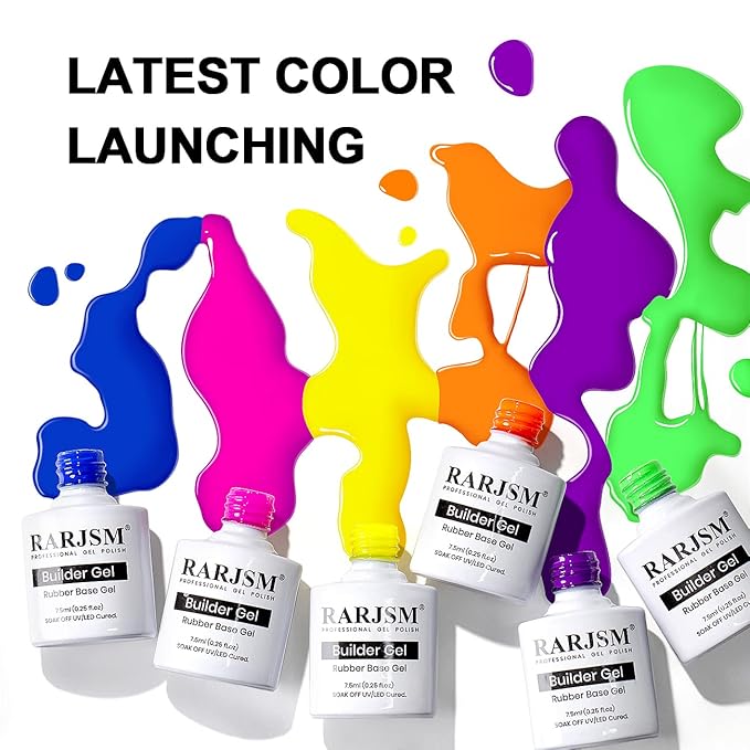 RARJSM Rubber Base Gel for Nails,Neon Gel Nail Polish Set,Neon Orange Green Blue Purple Yellow Rose Red Builder Base Gel in a Bottle ExtensionGel Bright Summer Colors LED UV Cured Home Salon DIY