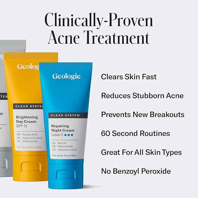 Geologie Clear System | 3-Step Acne Treatment & Skincare Set | Clears Skin Fast | Acne Gel Cleanser, SPF15 Day Cream & .3% Retinol Face Cream For Men & Women | Month 3+ / Level 3