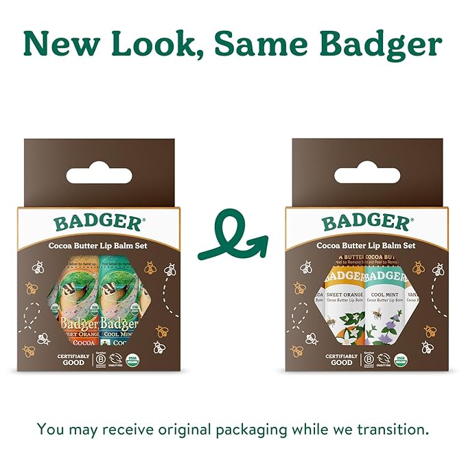 Badger - Cocoa Butter Lip Balm Set, Fair Trade, Certified Organic Lip Butter, Flavored, Cocoa, Vanilla, Orange, Mint, 0.25 oz (4 Pack)
