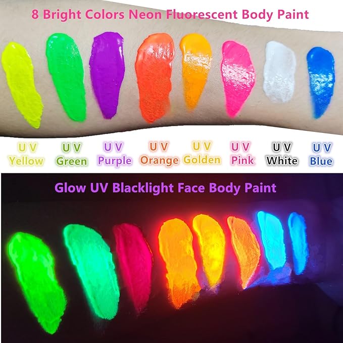 Go Ho Neon Blue Body Paint Washable(2.37oz,70ml),under UV Blacklight Neon Face Paint,Water Based Neon Fluorescent Blue Face Paint for Adults Children SFX Cosplay Costumes Festivals Halloween Makeup