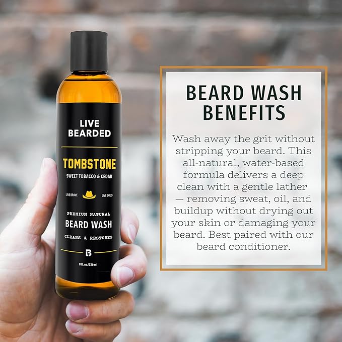 Live Bearded Beard Wash, 8 fl oz - Water-Based Face Cleanser with All-Natural Ingredients for a Gentle, Deep Clean - Made in the USA | Tombstone Scent - Sweet Tobacco, Cedar