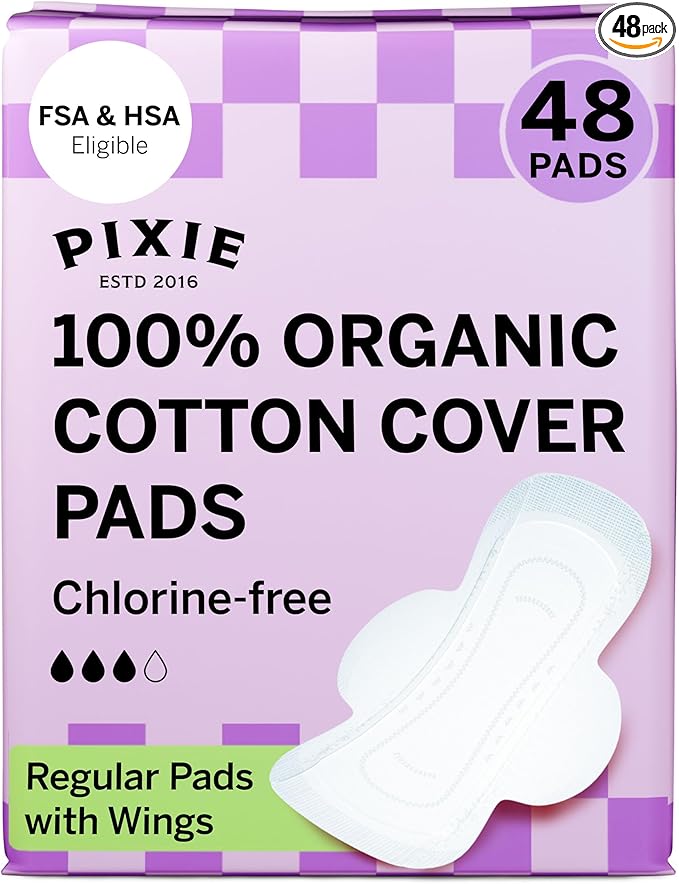 Pixie Organic Cotton Pads for Women - Ultra Thin with Wings, Leak-Proof & Moisture-Wicking for Feminine Care - Compostable, Unscented Menstrual Pads - Regular Absorbency - FSA Eligible - 48 Count